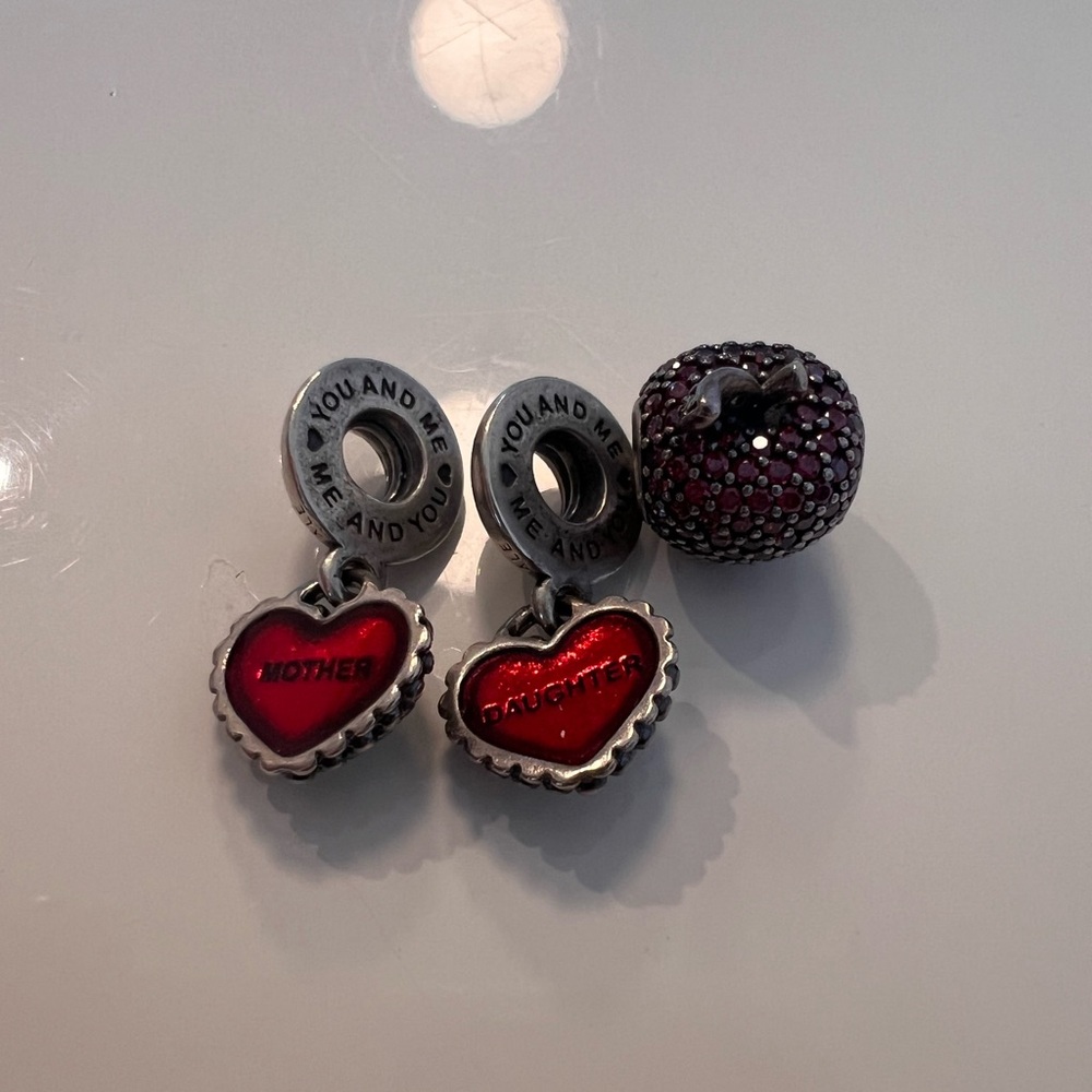 Pandora Silver Bracelet with Red and Purple Heart Charms